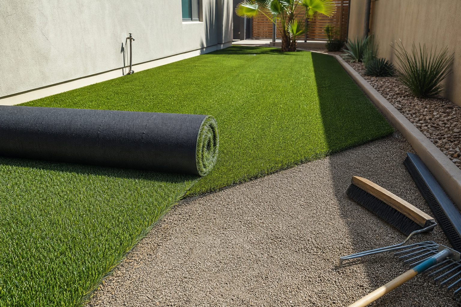 Artificial turf roll meeting a prepared aggregate base