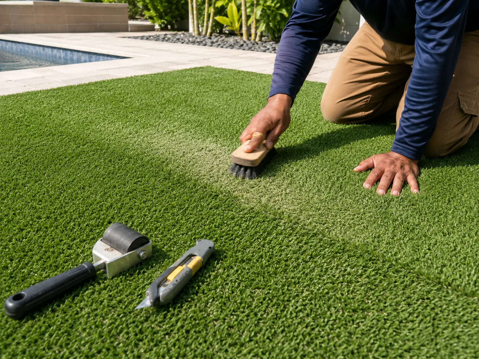 Localized artificial turf repair finishing work near a seam or edge.