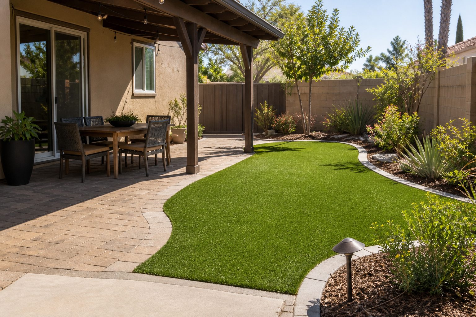 Backyard turf area connecting a shaded patio and planting border