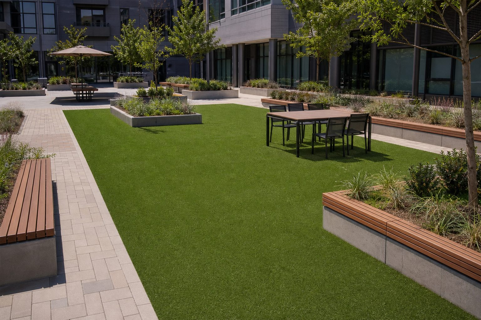Commercial courtyard with artificial turf, seating, paths, and planters