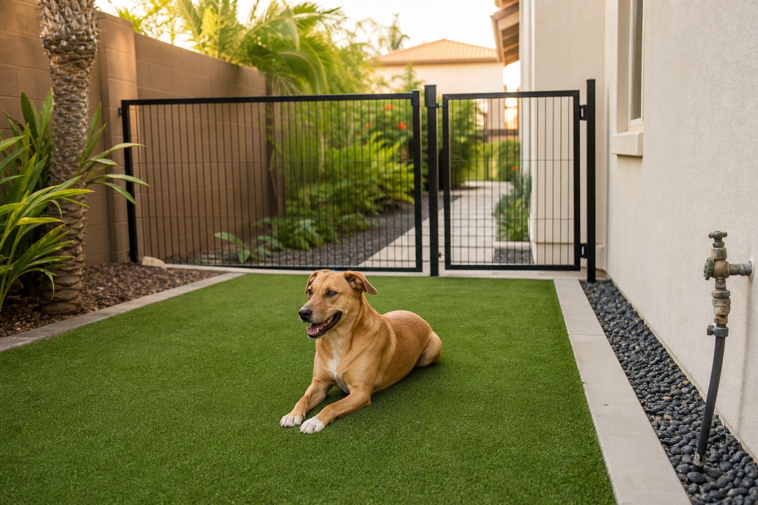 Pet turf area with a dog near a gated side-yard path