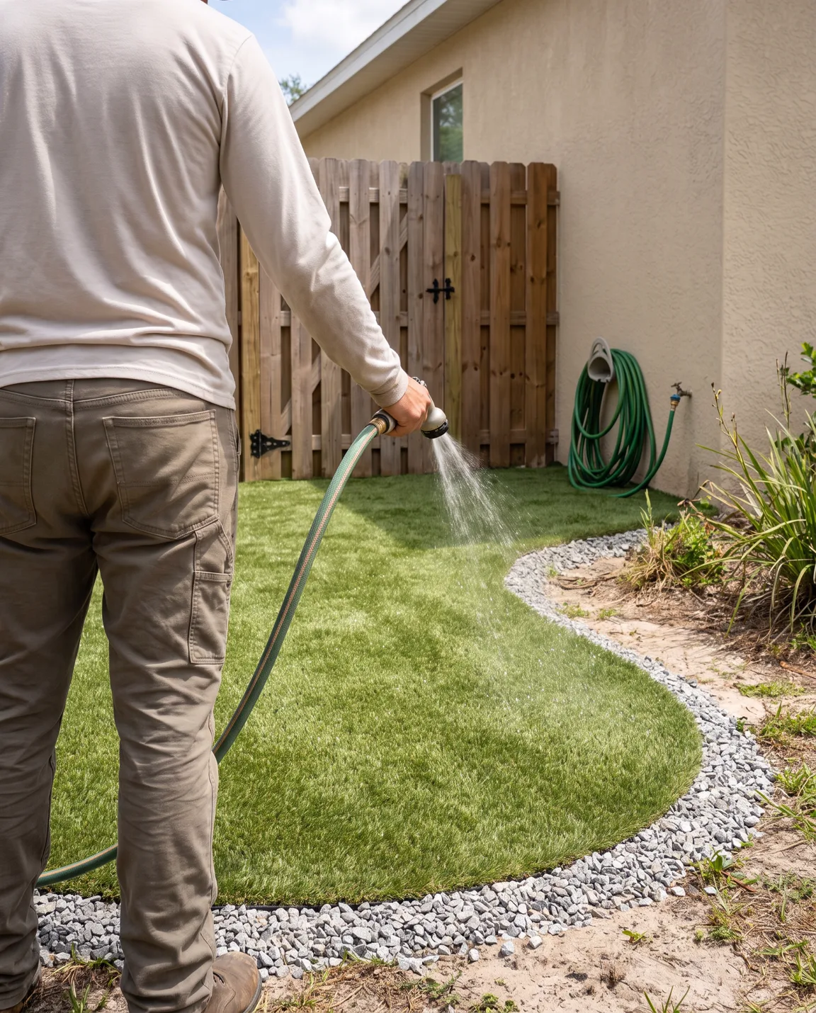 Artificial turf pet area with accessible gate and rinse connection.