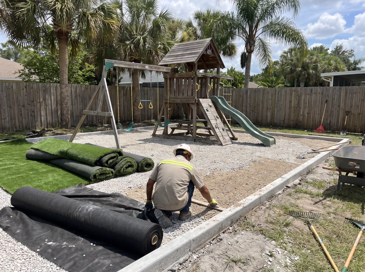 Playground turf perimeter and cushioning transition beside play equipment.