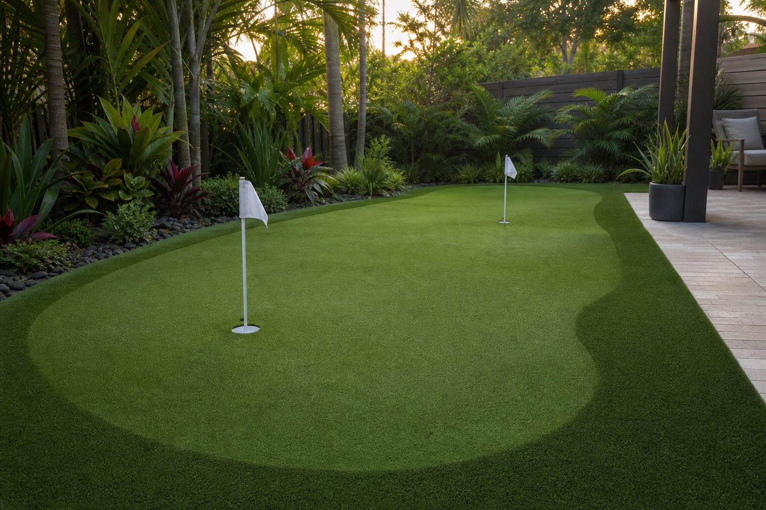 Backyard putting green with two cups, subtle contours, and a short fringe