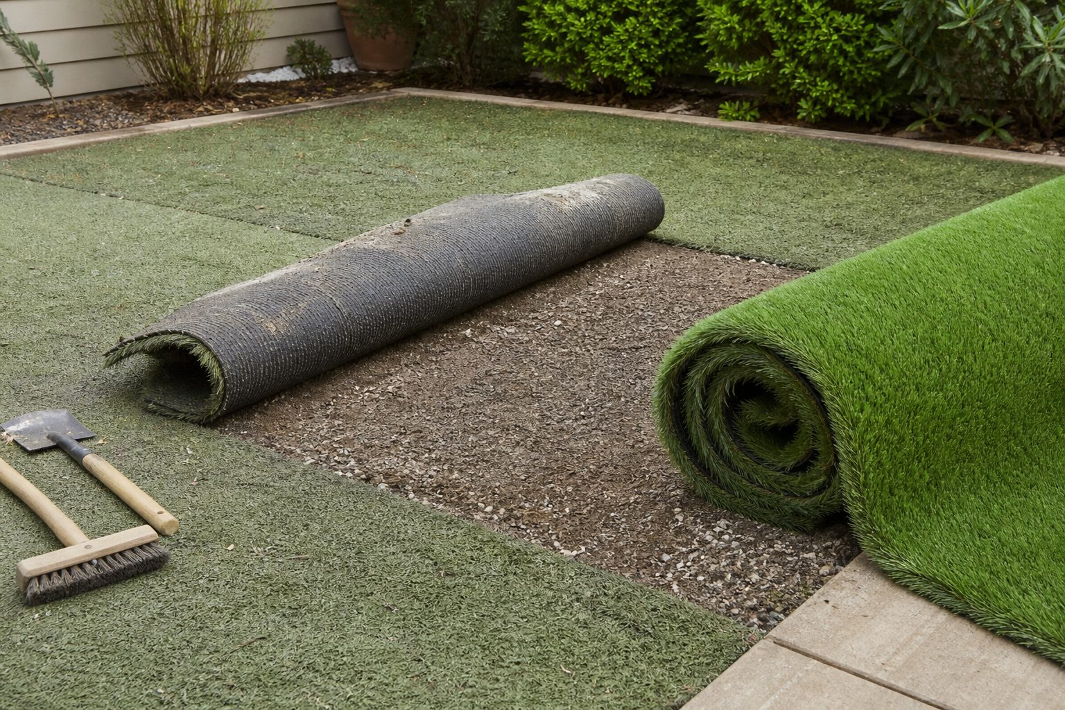 Worn turf rolled back beside fresh replacement material